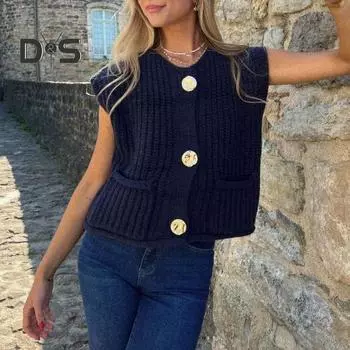 Женский свитер-жилет с V-образным вырезом, без рукавов, на пуговицах, кардиган с карманами, однотонный, свободный крой, вязаный крючком топ S красный