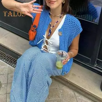 Женский свитер-жилет с V-образным вырезом, без рукавов, на пуговицах, кардиган с карманами, однотонный, свободный крой, вязаный крючком топ L красный