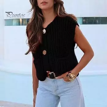 Женский свитер-жилет с V-образным вырезом, без рукавов, на пуговицах, кардиган с карманами, однотонный, свободный крой, вязаный крючком топ L синий