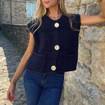 Женский свитер-жилет с V-образным вырезом, без рукавов, на пуговицах, кардиган с карманами, однотонный, свободный крой, вязаный крючком топ S чёрный