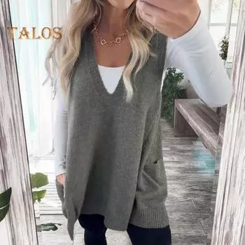 Женский свитер-жилет с V-образным вырезом, без рукавов, с карманами, средней длины, трикотажные топы, однотонные, осень-зима, повседневный трикотаж XL зелёный