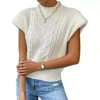 Женский свитер, жилет, топ без рукавов, вязаный свитер с воротником-стойкой, майка с короткими рукавами, пуловер с подплечниками S белый