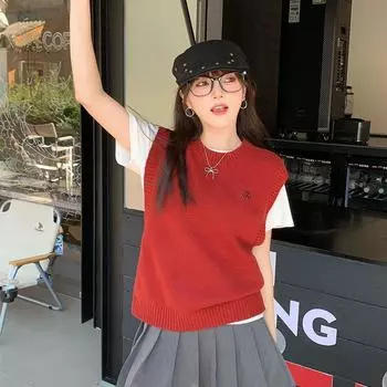 Женский свитер-жилет Весна 2025: Стильная многослойная вещь для миниатюрных фигур Small красный