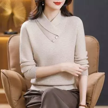 Женский свитер зимний трикотаж с V-образным вырезом толстый теплый пуловер джемпер вязаный топ M абрикосовый