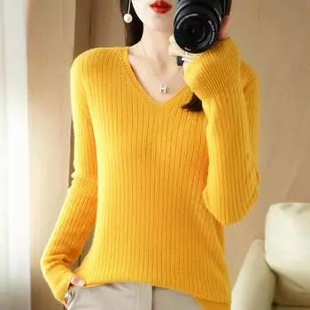 Женский свитер, зимний вязаный пуловер с v-образным вырезом, осенний мягкий теплый шерстяной свитер, женский джемпер, вязаный топ S золотистый/верблюд