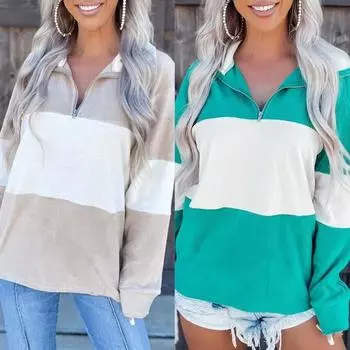 Женский свитшот на молнии с лацканами и половиной планки с длинным рукавом, осенний повседневный полосатый лоскутный цветной свободный пуловер, топы 2XL зелёный