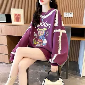 Женский свитшот на осень и весну, хлопковые тонкие срезы, большие размеры, свободные повседневные универсальные топы средней длины M белый