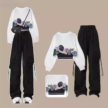 Женский свитшот с цветочным принтом на весну и осень, брюки в стиле сафари, одинаковые комплекты, женские повседневные укороченные топы, жилет, брюки, наряды XL белый
