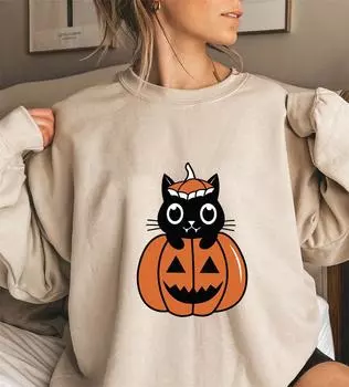 Женский свитшот с круглым вырезом и тыквой на Хэллоуин - Коллекция Осень/Зима, Длинный рукав Small хаки