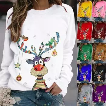 Женский свитшот с принтом, рождественские новинки, джемперы, рождественский свитер, топы, повседневный пуловер с круглым вырезом и длинными рукавами, большие размеры XS-8XL S белый