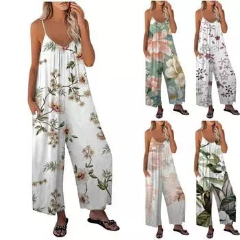 Женский свободный эластичный комбинезон без рукавов с принтом и регулируемыми бретельками с карманами XXL