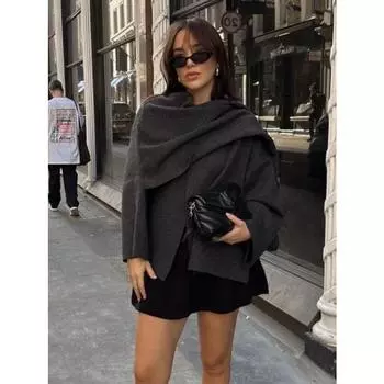 Женский свободный асимметричный шарф, вязаный жакет, однотонный, с длинным рукавом, на одной пуговице, с боковыми разрезами, кардиган, осень-зима, новая женская верхняя одежда S