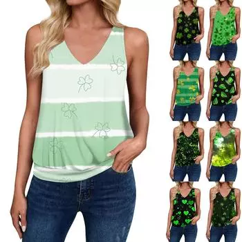 Женский свободный безрукавный V-образный вырез St. Футболка с принтом Патрика, повседневный жилет L армия зеленый
