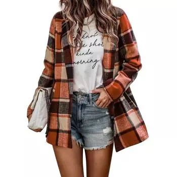 Женский свободный чек Принт Длинный рукав Карман Твид Туника Кардиган Топ M