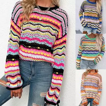 Женский свободный двухцветный свитер в полоску с круглым вырезом, повседневный топ с вырезом L чёрный