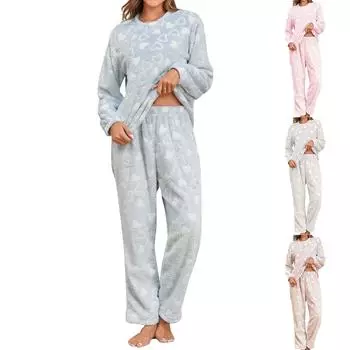 Женский свободный фланелевый домашний костюм, пижамный комплект с круглым вырезом L кофейный