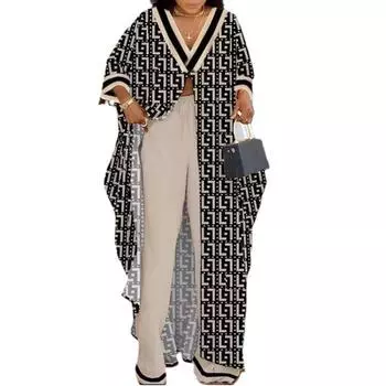 Женский свободный халат большого размера с рукавом три четверти, V-образным вырезом, принтом на пуговицах, брюками на завязках, комплект из двух предметов L чёрный