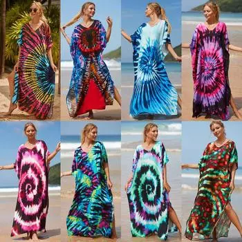 Женский свободный хлопковый пляжный халат с принтом и накидка-бикини с защитой от солнца 8633, One Size