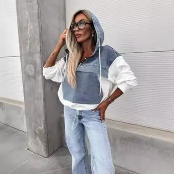 Женский свободный худи винтажный вареный джинсовый свитер осенний лоскутный пуловер толстовка 2XL белый