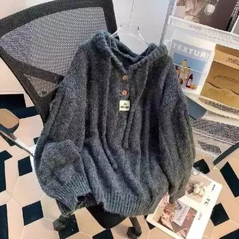 Женский свободный и ленивый стиль свитер с капюшоном Женская мягкая и толстая трикотажная толстовка с завязками J чёрный