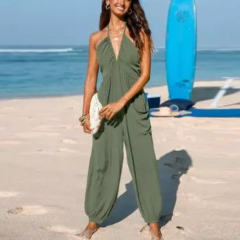 Женский свободный и удобный однотонный комбинезон без рукавов с глубоким V-образным вырезом, драпировкой, карманами и широкими штанинами L армия зеленый