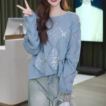 Женский свободный кардиган с ромбовидными пайетками – весна/лето 2025 г. синий
