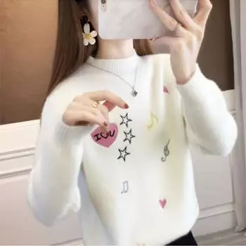 Женский свободный кашемировый свитер с вышивкой и музыкальными нотами, вязаный топ L розовый