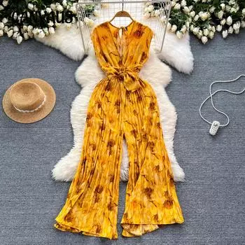 Женский свободный комбинезон без рукавов с V-образным вырезом и завязкой на талии с принтом, с широкими штанинами и складками One size зелёный