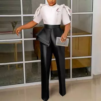 Женский свободный комбинезон большого размера с воротником-стойкой и короткими рукавами и галстуком контрастного цвета 3XL белый