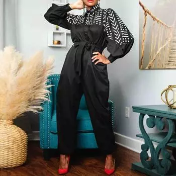 Женский свободный комбинезон большого размера с рубашечным воротником и длинными рукавами и карманами в стиле пэчворк с геометрическим рисунком L красный