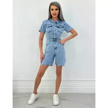 Женский свободный комбинезон из денима в стиле ретро с короткими рукавами и лацканами L темно небесно-голубого цвета-цвета