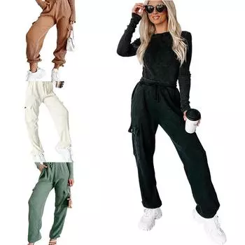 Женский свободный комбинезон с эластичной талией, вельветовые широкие прямые повседневные брюки S чёрный