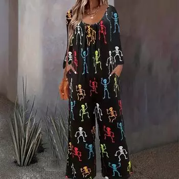 Женский свободный комбинезон с длинными рукавами и круглым вырезом в стиле хип-хоп с принтом D L