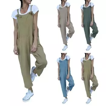 Женский свободный комбинезон с карманами и высокой талией, однотонный хлопковый льняной комбинезон на подтяжках L