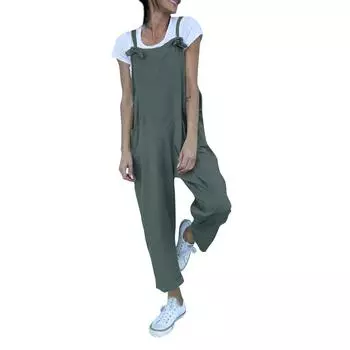 Женский свободный комбинезон с карманами и высокой талией, однотонный хлопковый льняной комбинезон на подтяжках L