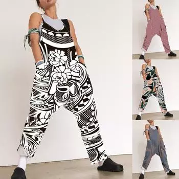 Женский свободный комбинезон с подтяжками больших размеров с принтом для женщин, летние брюки прямого кроя, свободный облегающий пляжный комбинезон M