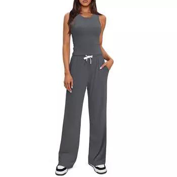 Женский свободный комплект из 2 предметов, летние комплекты без рукавов, повседневные комбинезоны с широкими штанинами, спортивный костюм L серый