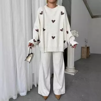 Женский свободный комплект из 2 предметов свитера, трикотажный свитер, топ, широкие брюки, комплекты для отдыха, спортивный костюм, осенне-зимняя дорожная одежда, спортивный костюм для женщин one size хаки