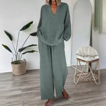 Женский свободный комплект из 2 предметов: топ с длинным рукавом и V-образным вырезом, широкие брюки с карманами, повседневная домашняя одежда, спортивный костюм 2XL абрикосовый