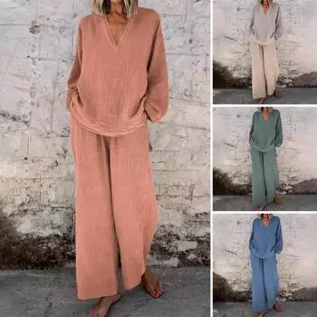 Женский свободный комплект из 2 предметов: топ с длинным рукавом и V-образным вырезом, широкие брюки с карманами, повседневная домашняя одежда, спортивный костюм 2XL абрикосовый