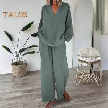 Женский свободный комплект из 2 предметов: топ с длинным рукавом и V-образным вырезом, широкие брюки с карманами, повседневная домашняя одежда, спортивный костюм 2XL синий