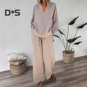 Женский свободный комплект из 2 предметов: топ с длинным рукавом и V-образным вырезом, широкие брюки с карманами, повседневная домашняя одежда, спортивный костюм S оранжевый