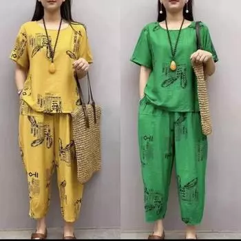 Женский свободный комплект из 2 шт./компл. с коротким рукавом и брюками, комплект с круглым вырезом, мягкий дышащий летний пижамный комплект с эластичной резинкой на талии и принтом перьев, летний пижамный комплект для повседневной носки 2XL чёрный