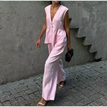 Женский свободный комплект из двух частей: хлопковый топ без рукавов с V-образным вырезом и жилетом, однотонный, темпераментный, новинка на весну и лето S розовый