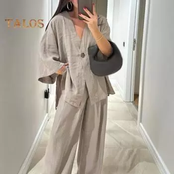 Женский свободный комплект из двух частей, рубашки с длинным рукавом и V-образным вырезом на одной пуговице, брюки с высокой талией, повседневный комплект для отдыха M