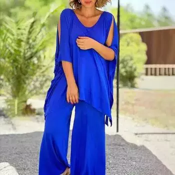 Женский свободный комплект из двух частей в стиле бохо, повседневный пуловер с коротким рукавом S синий