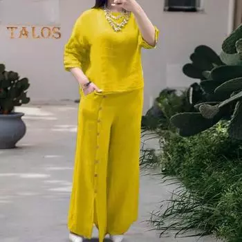 Женский свободный комплект из двух предметов из хлопка и льна, топ с короткими рукавами и широкие брюки с разрезом, летний повседневный комплект для отдыха S жёлтый