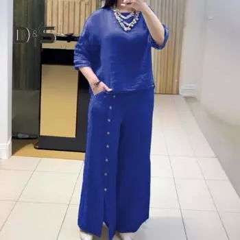 Женский свободный комплект из двух предметов из хлопка и льна, топ с короткими рукавами и широкие брюки с разрезом, летний повседневный комплект для отдыха S кофейный