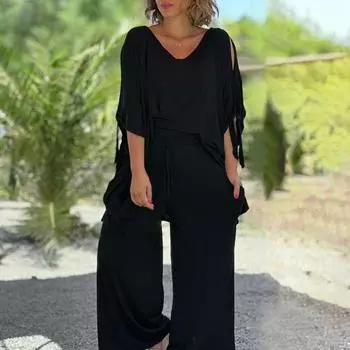 Женский свободный комплект из двух предметов в стиле бохо, повседневный свитер с коротким рукавом и широкими брюками, летние наряды свободного покроя S чёрный