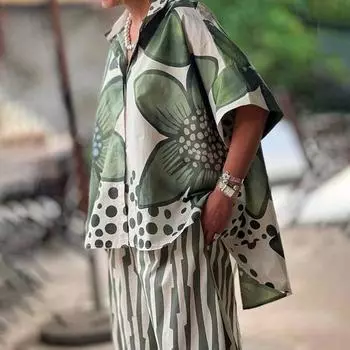 Женский свободный комплект из двух предметов Yousheng с цветочным принтом, топ с коротким рукавом и широкими брюками, летний повседневный уличный стиль в стиле бохо S синий